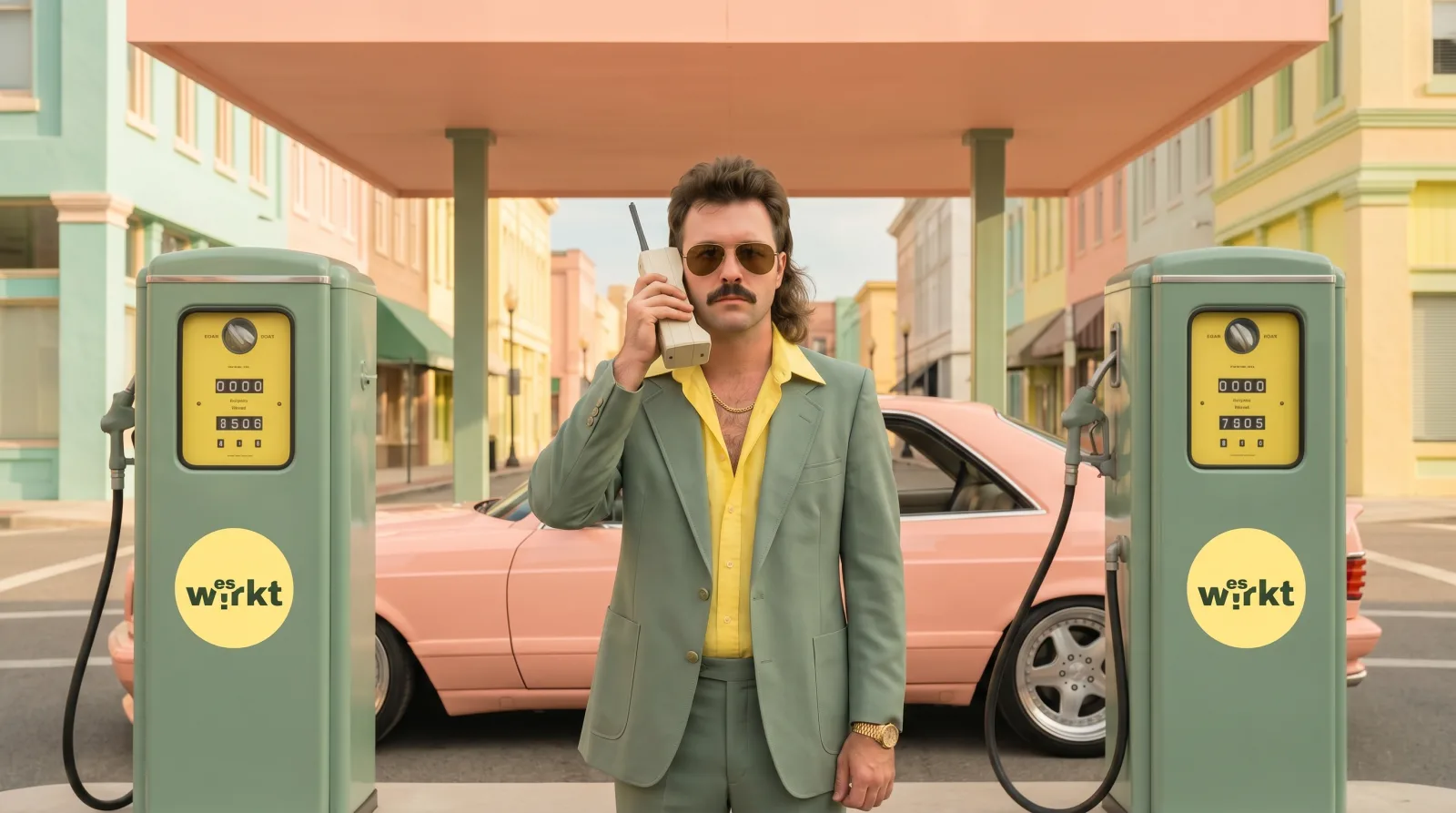 Retro Bild von einem Mann der telefonierend vor einer Tankstelle steht