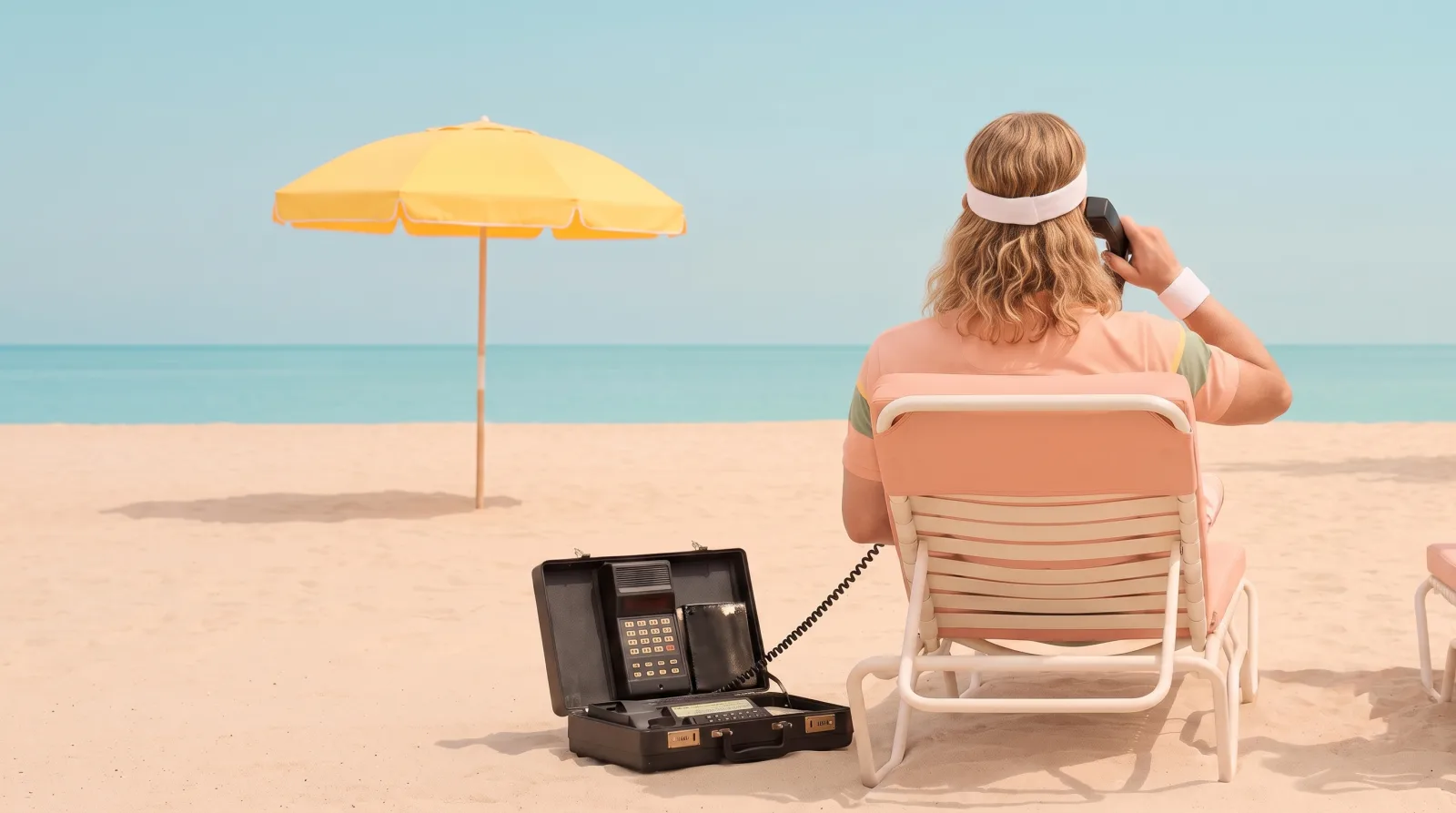 Mann telefoniert mit Koffertelefon am Strand - Retrolook
