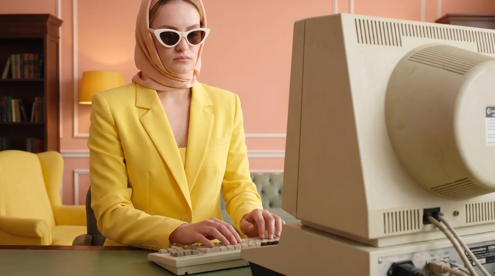 Frau im retrolook vor altem PC